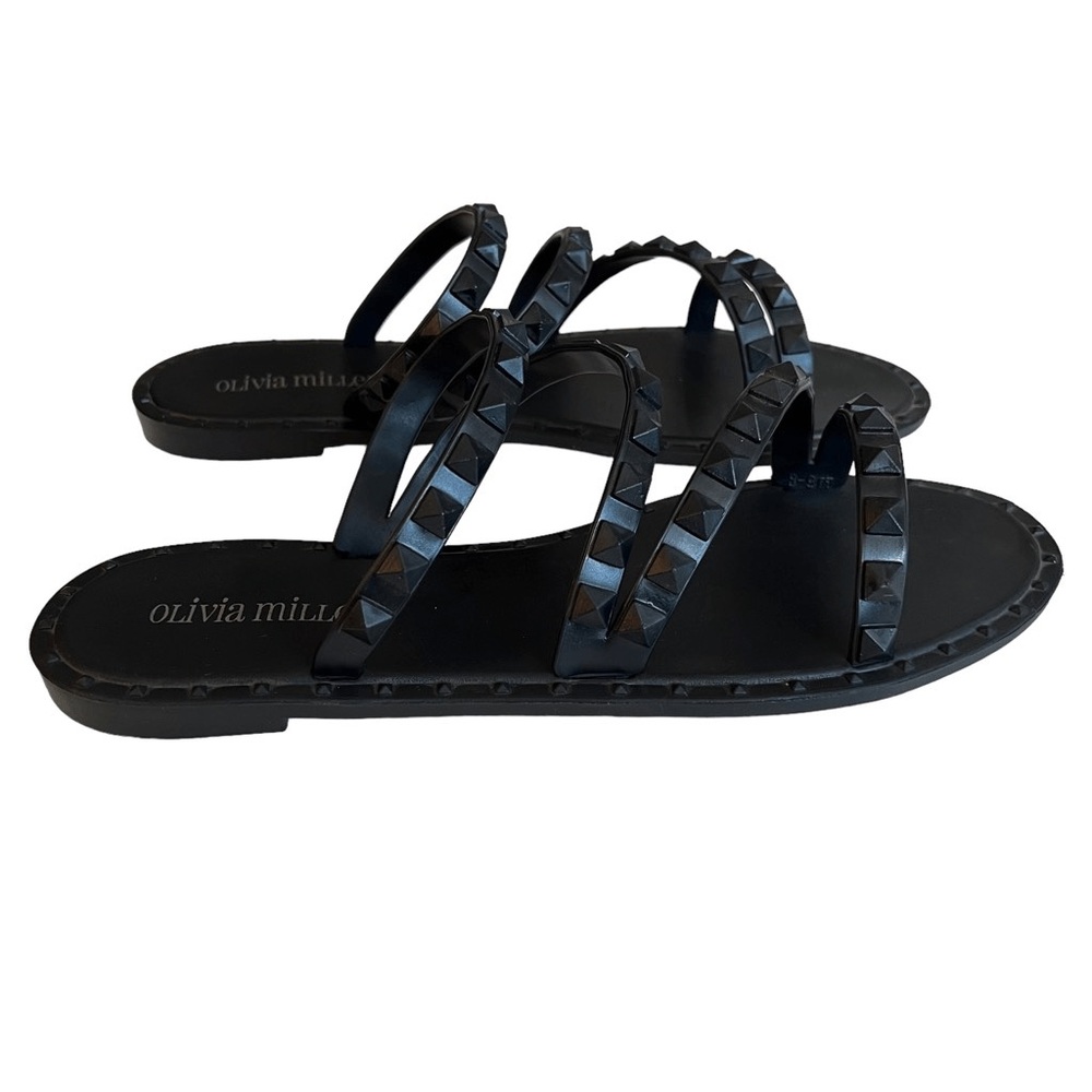 Olivia Miller Black Sandals with Glossy Crisscross Straps